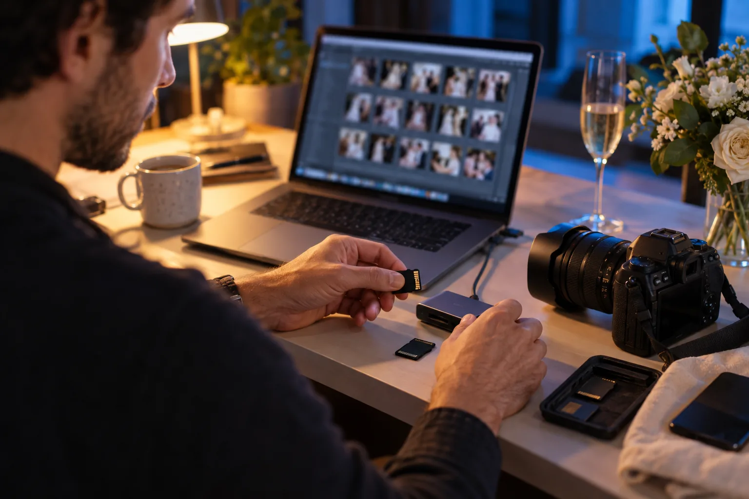 Fotoğrafçının etkinlik fotoğraflarını bilgisayarına aktarması